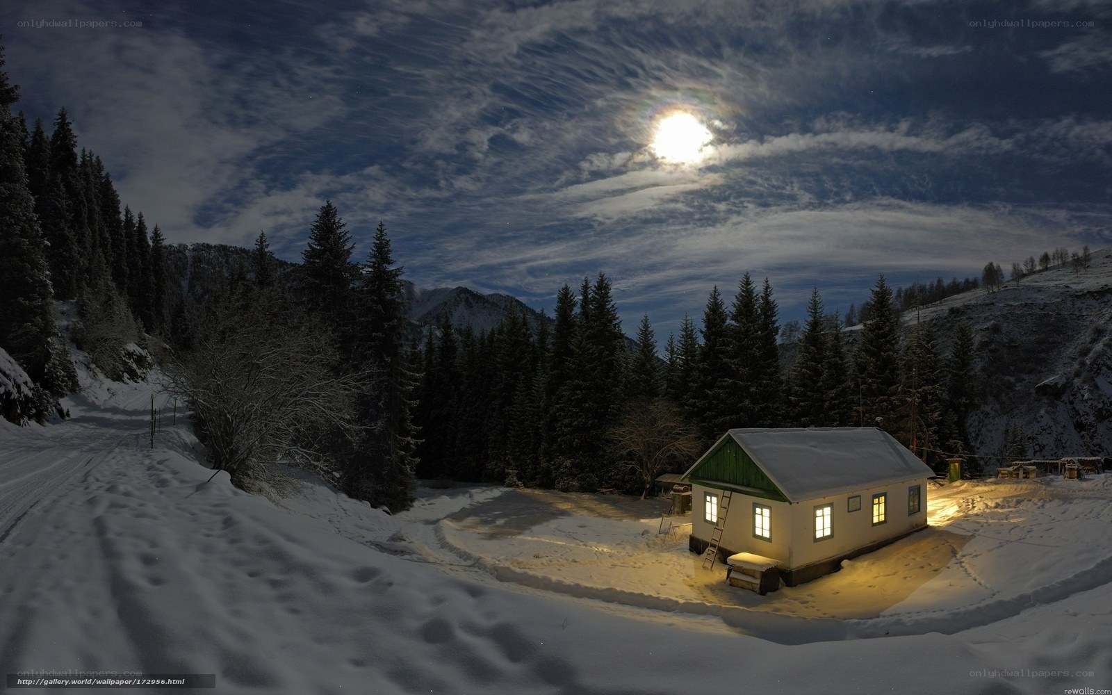 Cabin in snowy mountains