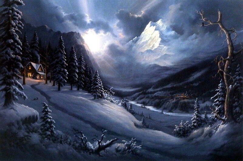Cabin in Snowy Valley — Blue, Dramatic