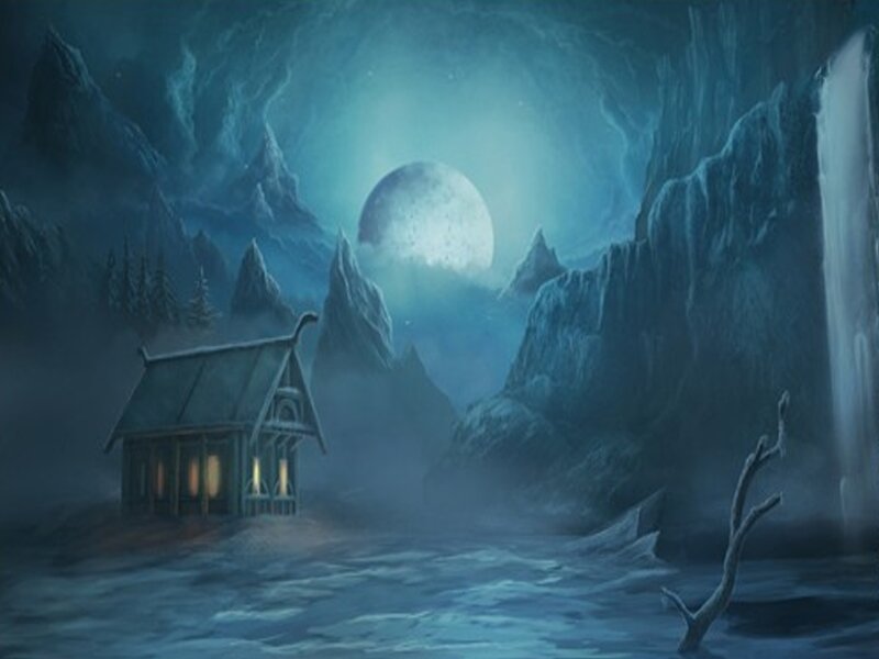 Cabin in Snowy Valley — Blue, Mysterious