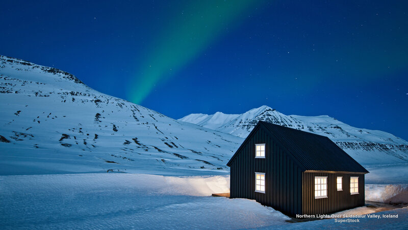 Cabin in Snowy Valley — Blue, Serene, Night, Photograph, Aurora Borealis