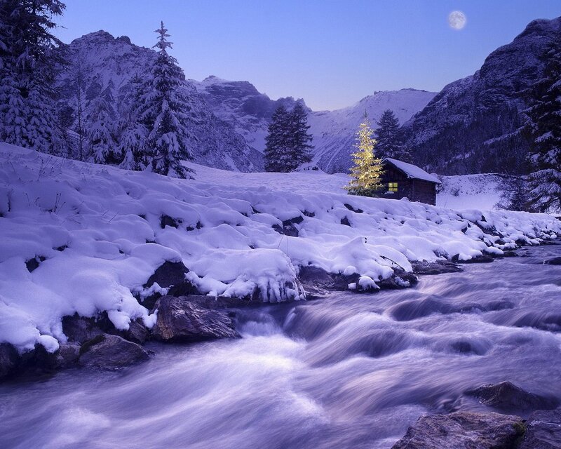 Cabin in Snowy Valley — Blue, Serene, Night, Photograph, Mountains, River