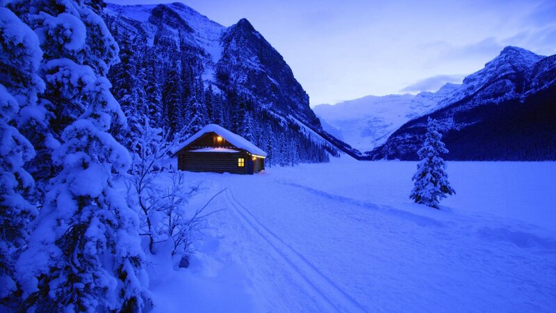 Cabin in Snowy Valley — Blue, Serene, Night, Photograph, Mountains, Trees