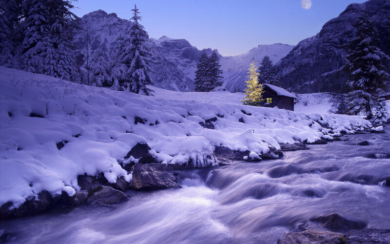 Cabin in Snowy Valley — Blue, Serene, Night, Photograph, River, Mountains