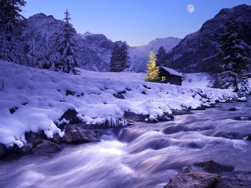 Cabin in Snowy Valley — Blue, Serene, Night, Photograph, River