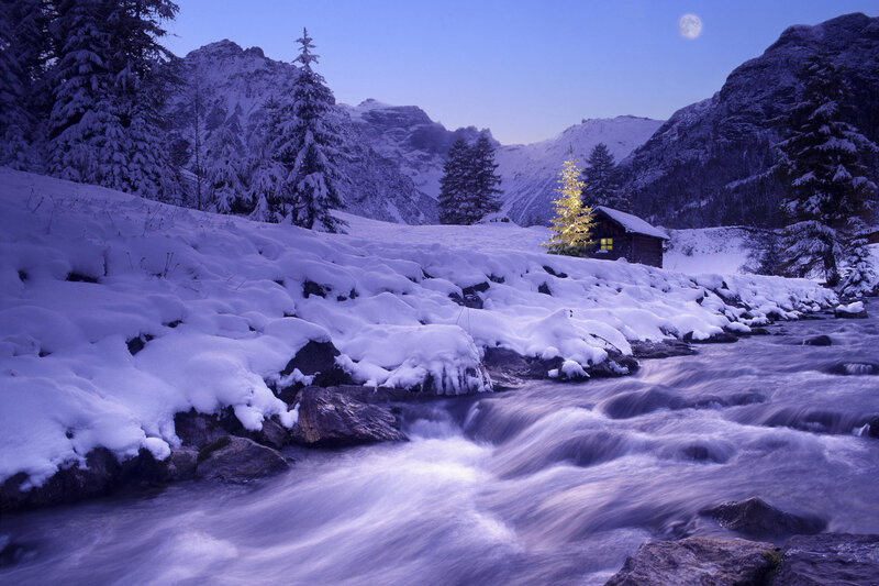 Cabin in Snowy Valley — Blue, Serene, Night