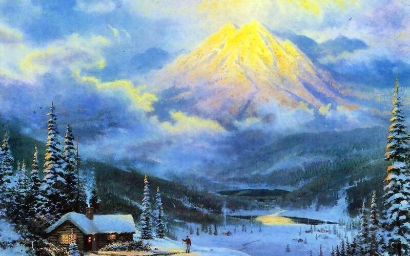 Cabin in Snowy Valley — Blue, Serene, Winter, Painting, Mountain