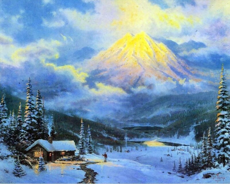 Cabin in Snowy Valley — Blue, Serene, Winter, Painting, Mountain, Trees