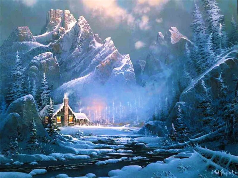 Cabin in Snowy Valley — Blue, Serene, Winter, Painting, Mountains, River
