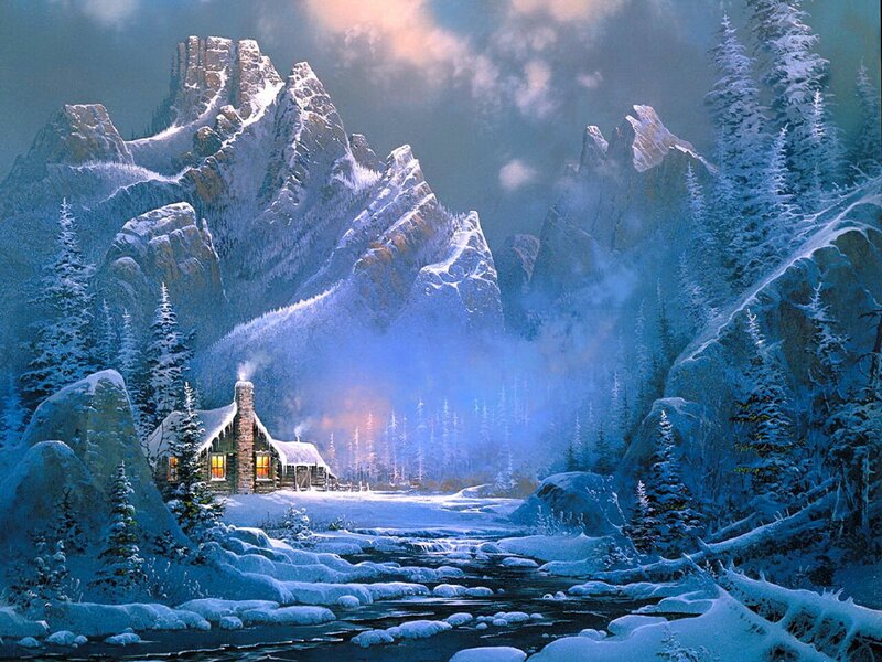 Cabin in Snowy Valley — Blue, Serene, Winter, Painting, Mountains
