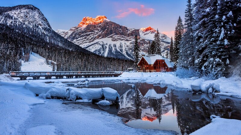 Cabin in Snowy Valley — Blue, Serene, Winter, Photograph, Mountains