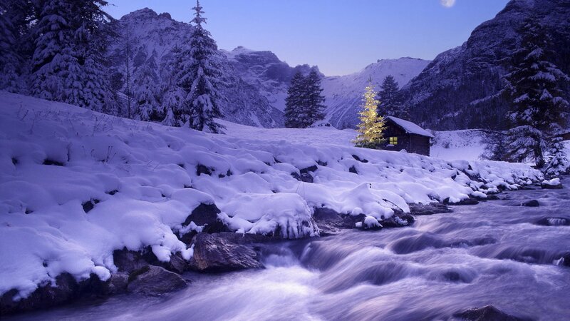 Cabin in Snowy Valley — Purple, Serene