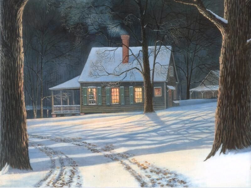 Cabin in Snowy Woods — White