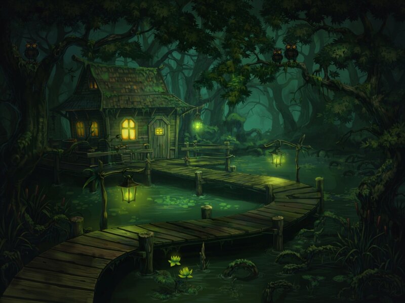 Cabin in Swamp — Green, Mysterious, Night