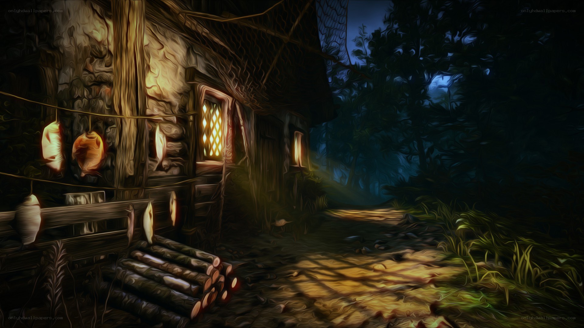 cabin in the forest at night