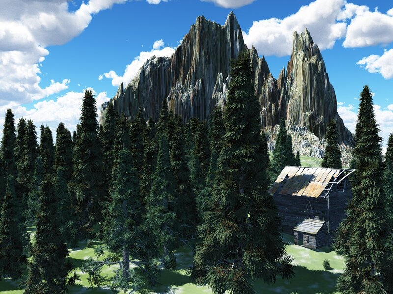 Cabin in the forest with mountains