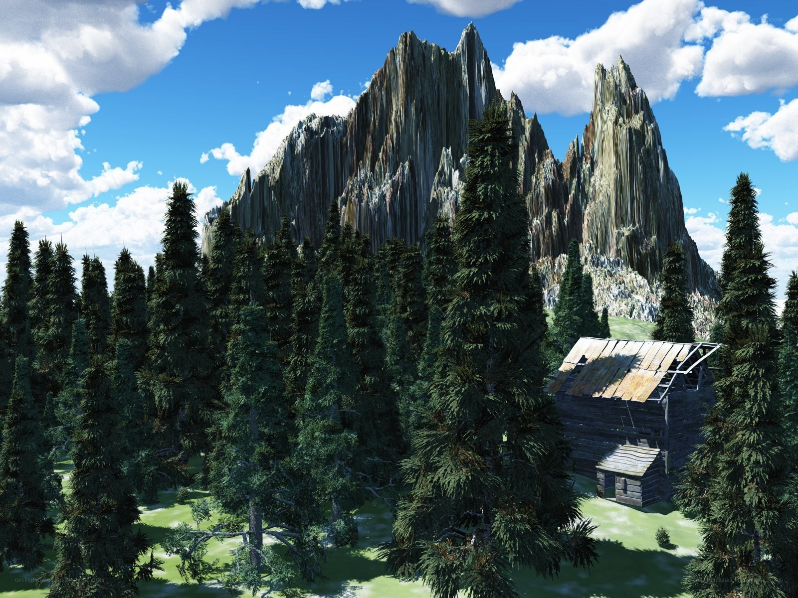 Cabin in the forest with mountains
