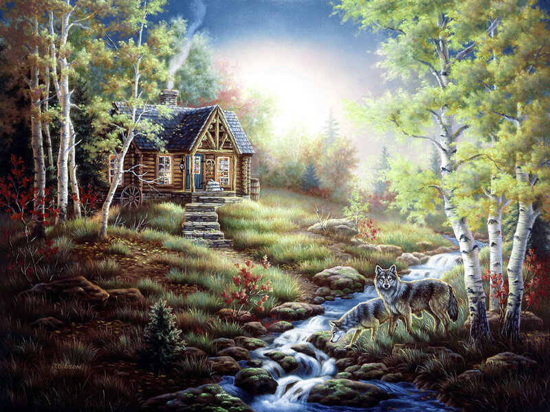 Cabin in the forest with wolves