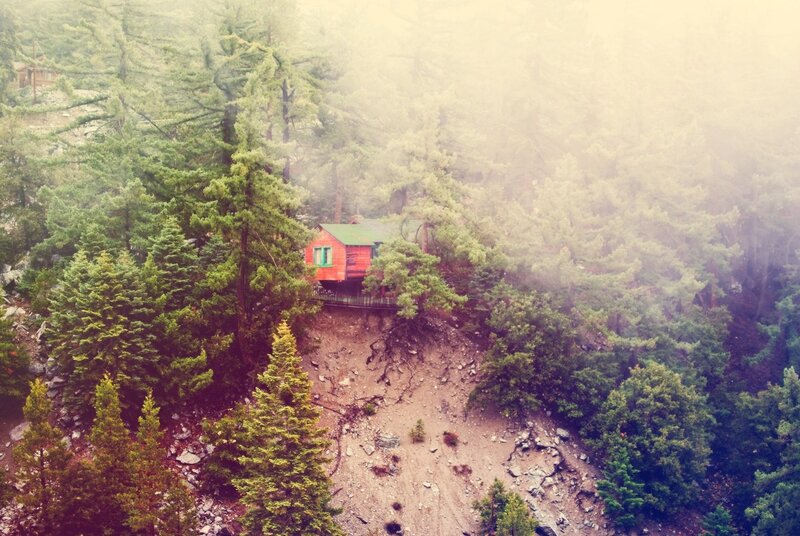Cabin in the misty forest