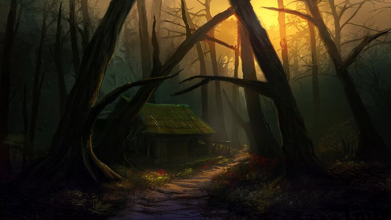 Cabin in the misty forest