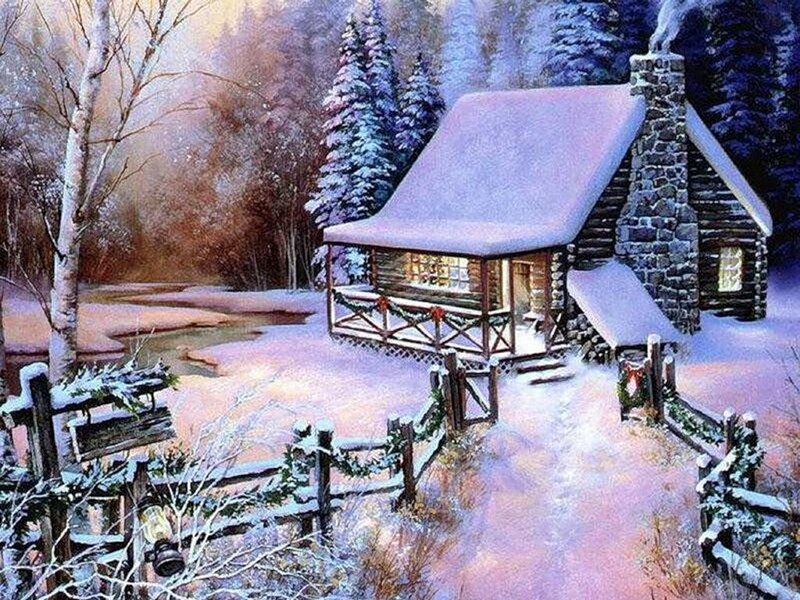 Cabin in Winter Forest