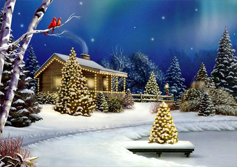 Cabin in Winter Landscape — Blue, Peaceful
