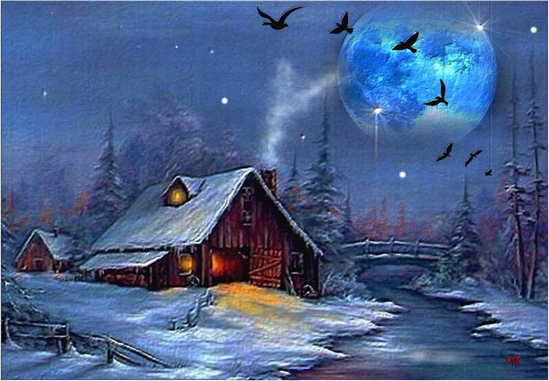 Cabin in Winter Landscape — Blue, Serene, Night, Painting, Birds
