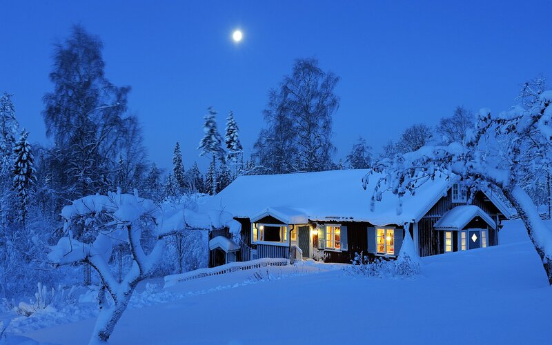 Cabin in Winter Landscape — Blue, Serene, Night, Photograph, Snow