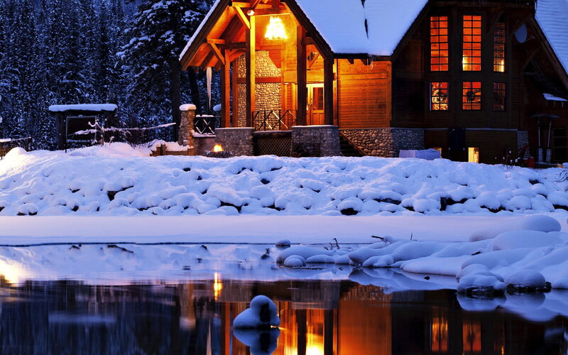 Cabin in Winter Landscape — Blue, Serene, Night
