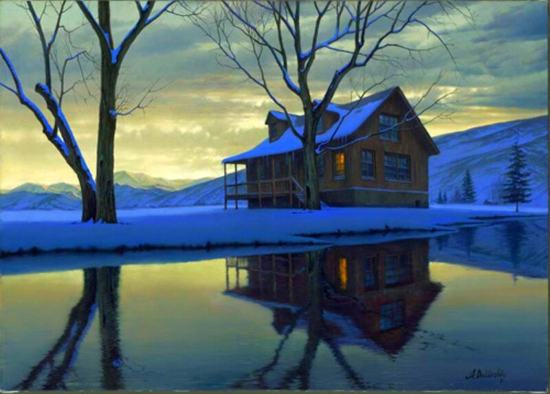 Cabin in Winter Landscape — Blue, Serene, Painting, Snow