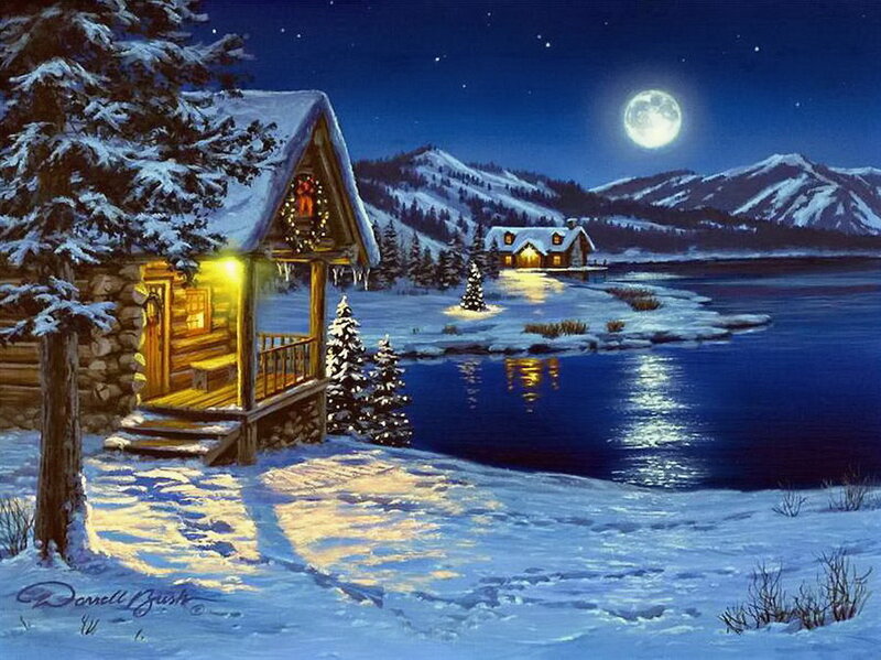 Cabin in Winter Landscape — Blue, Serene