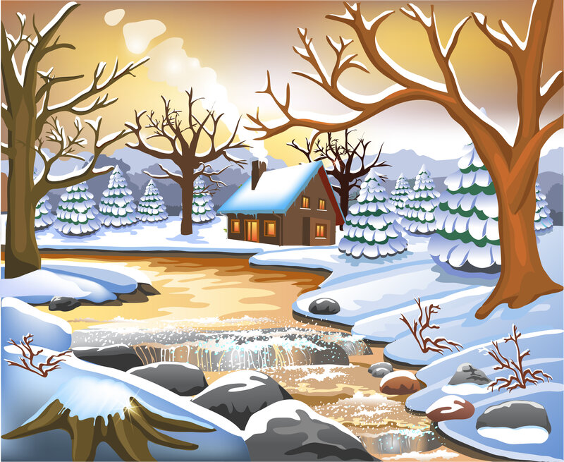Cabin in Winter Landscape — White, Serene, Illustration