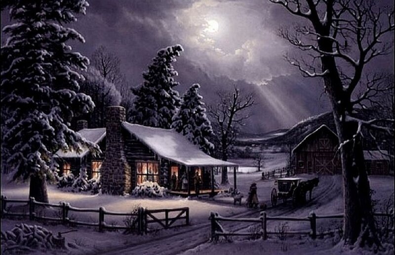 Cabin in Winter Landscape — White, Serene, Night