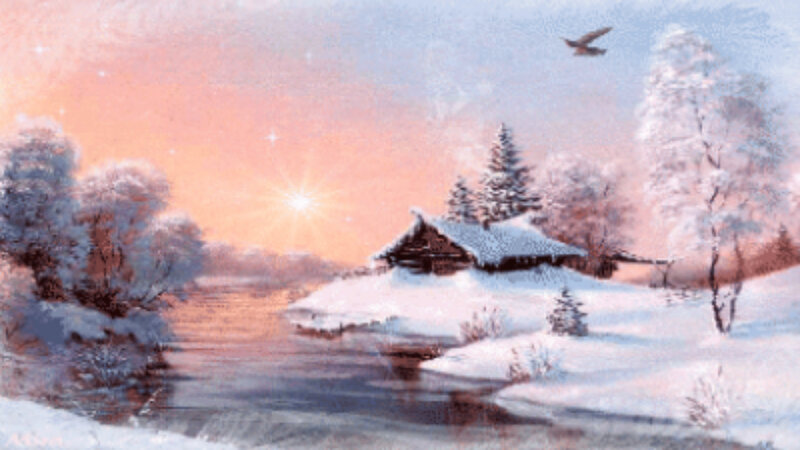 Cabin in Winter Landscape — White, Serene, Painting, River