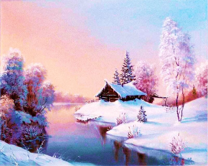 Cabin in Winter Landscape — White, Serene, Painting, River, Trees