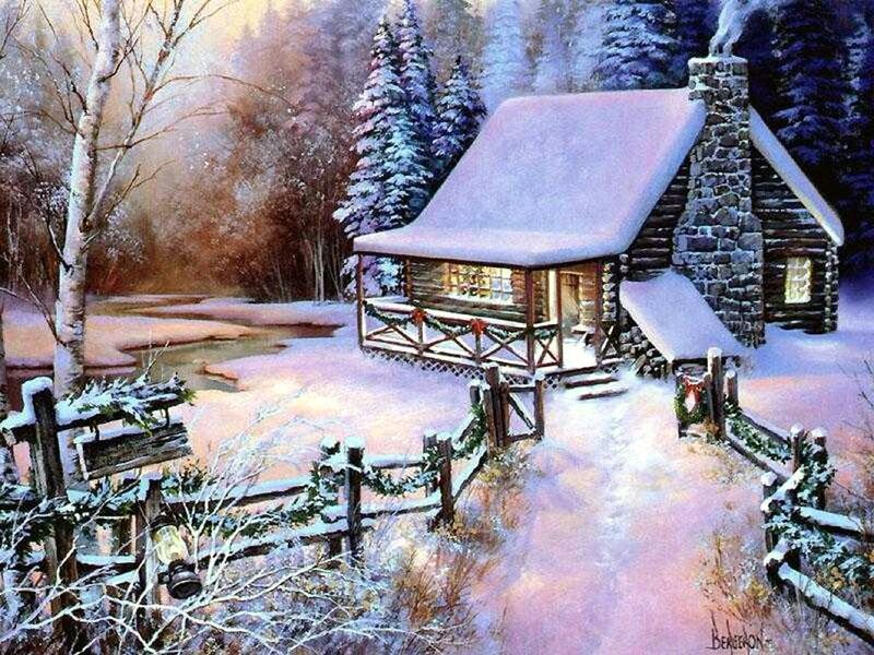 Cabin in Winter Landscape — White, Serene, Painting