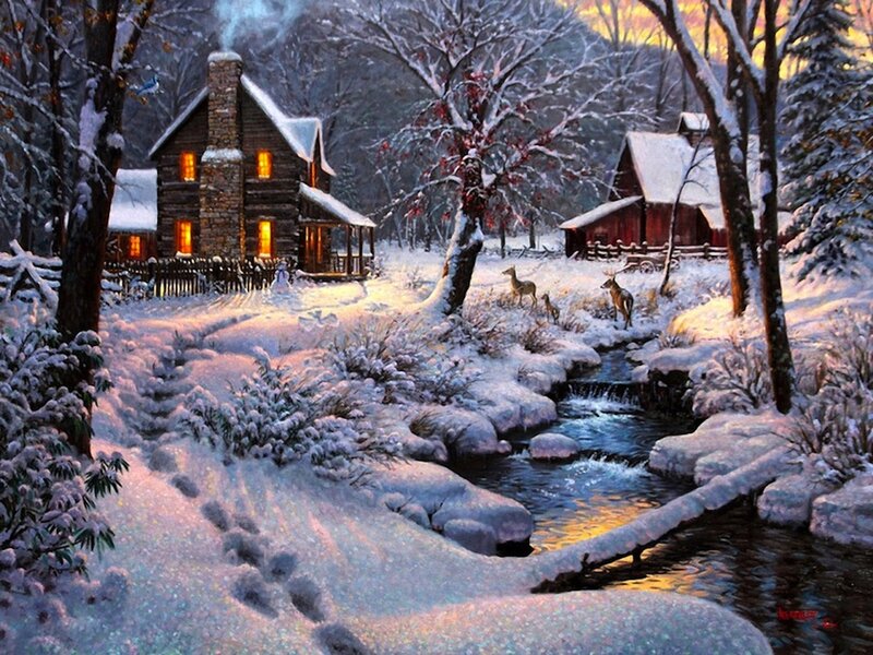 Cabin in Winter Landscape — White