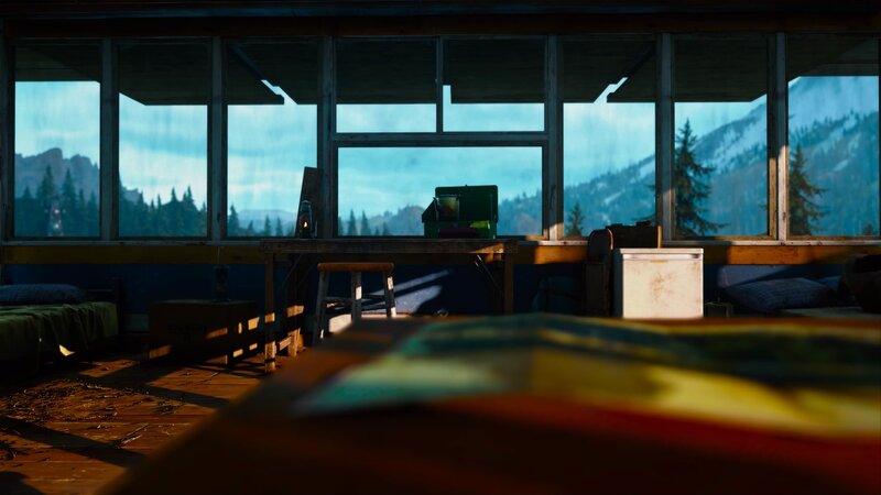 Cabin Interior with Mountains