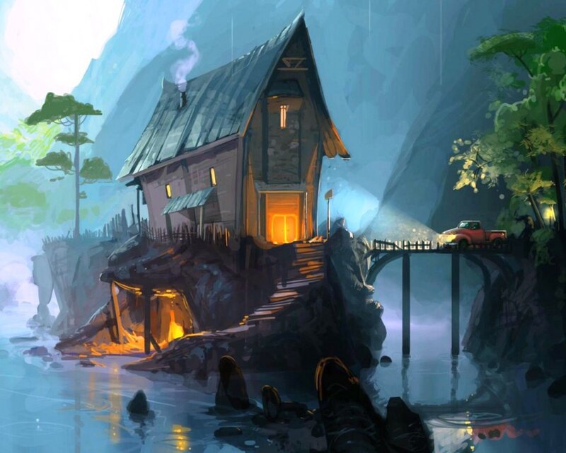Cabin on a Cliff — Blue, Serene, Night