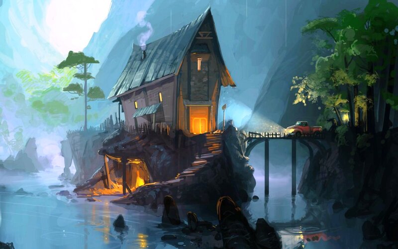 Cabin on a Cliff — Blue, Serene