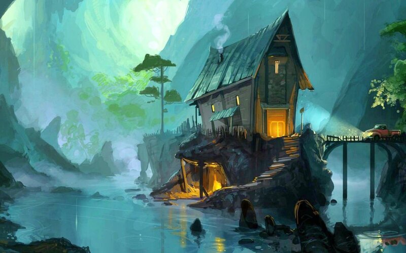 Cabin on a Cliff — Blue