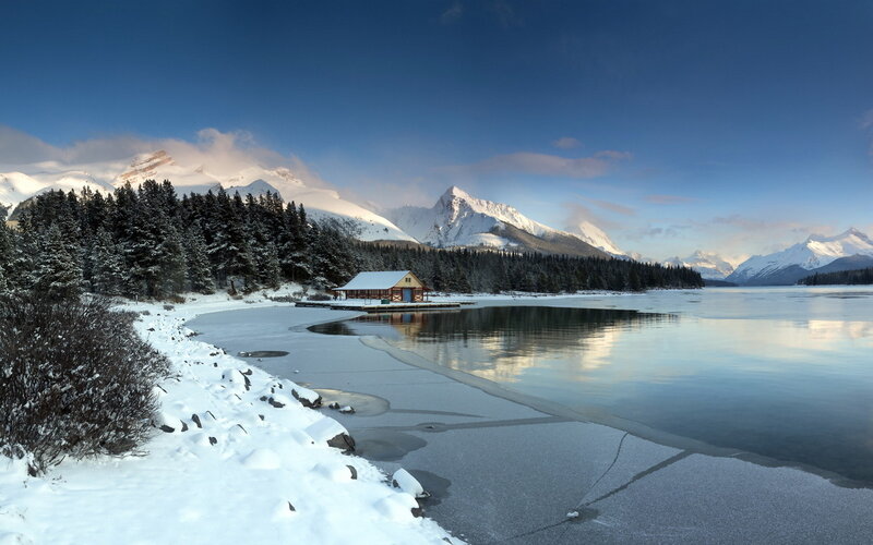 Cabin on Frozen Lake — Blue, Serene