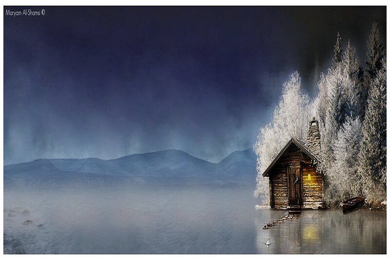 Cabin on Frozen Lake