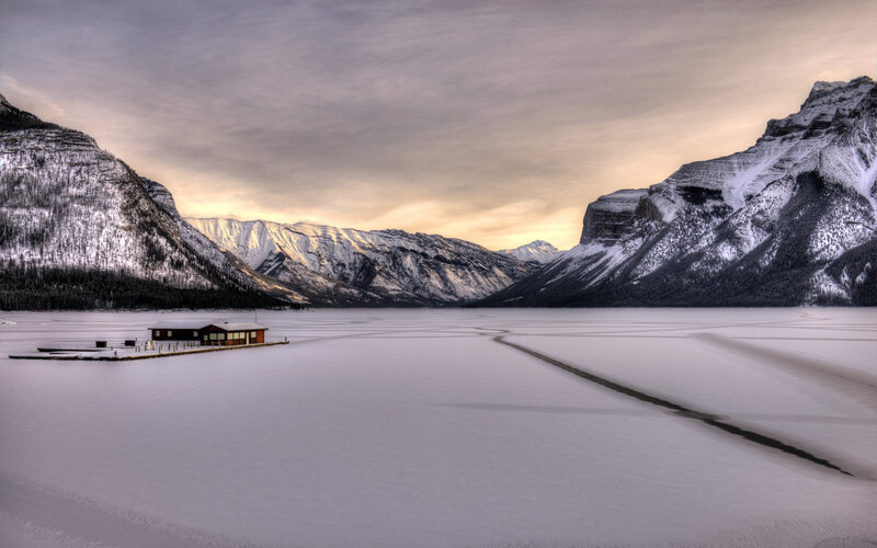 Cabin on Frozen Lake — White