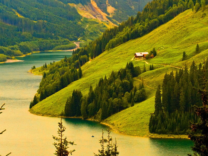 Cabin on Green Hillside — Serene