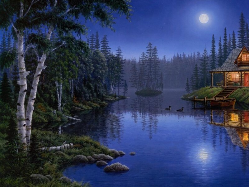 Cabin on Lake at Night