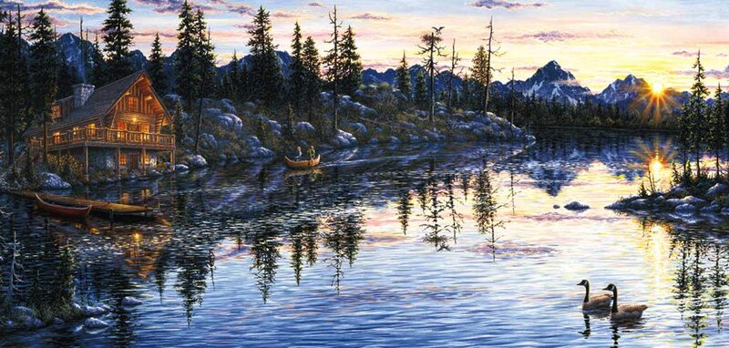 Cabin on Lake at Sunset — Blue