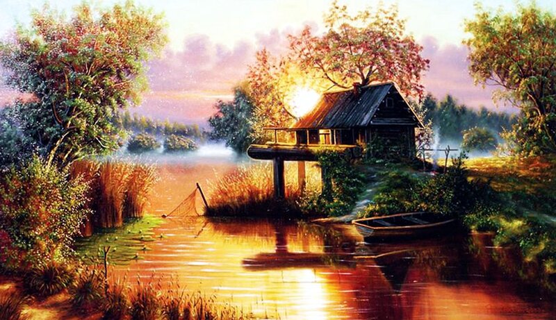 Cabin on Lake at Sunset