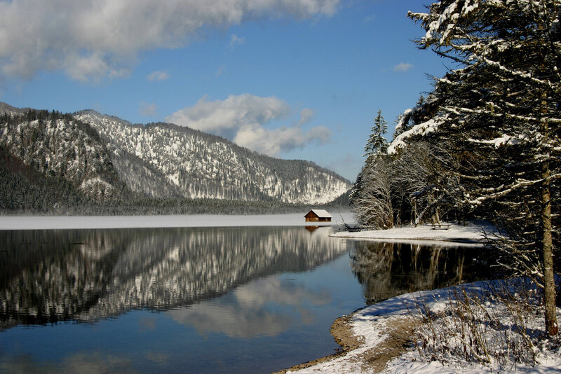 Cabin on Lake in Winter