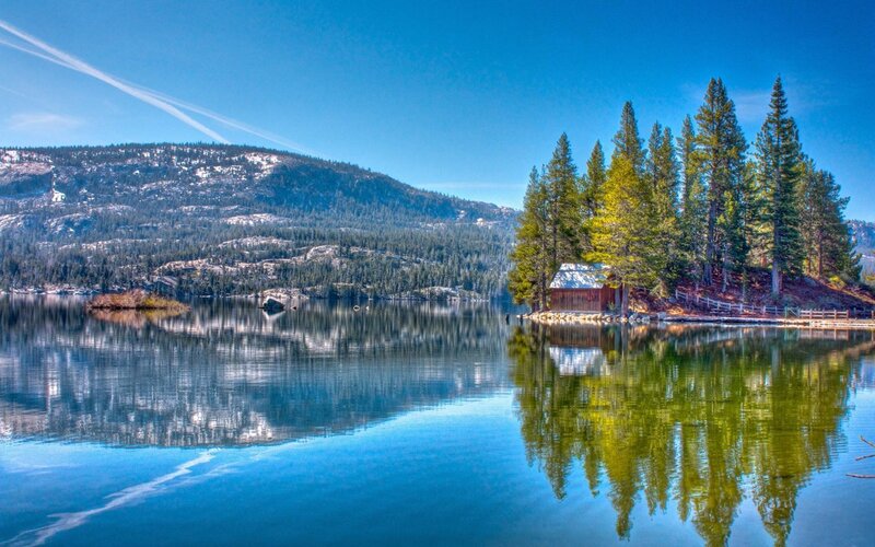 Cabin on Lake Island — Blue, Serene, Afternoon, Photograph