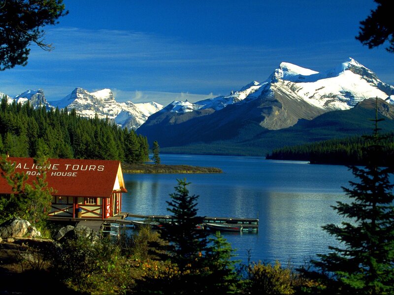 Cabin on Lake Shore — Blue, Serene, Afternoon, Photograph